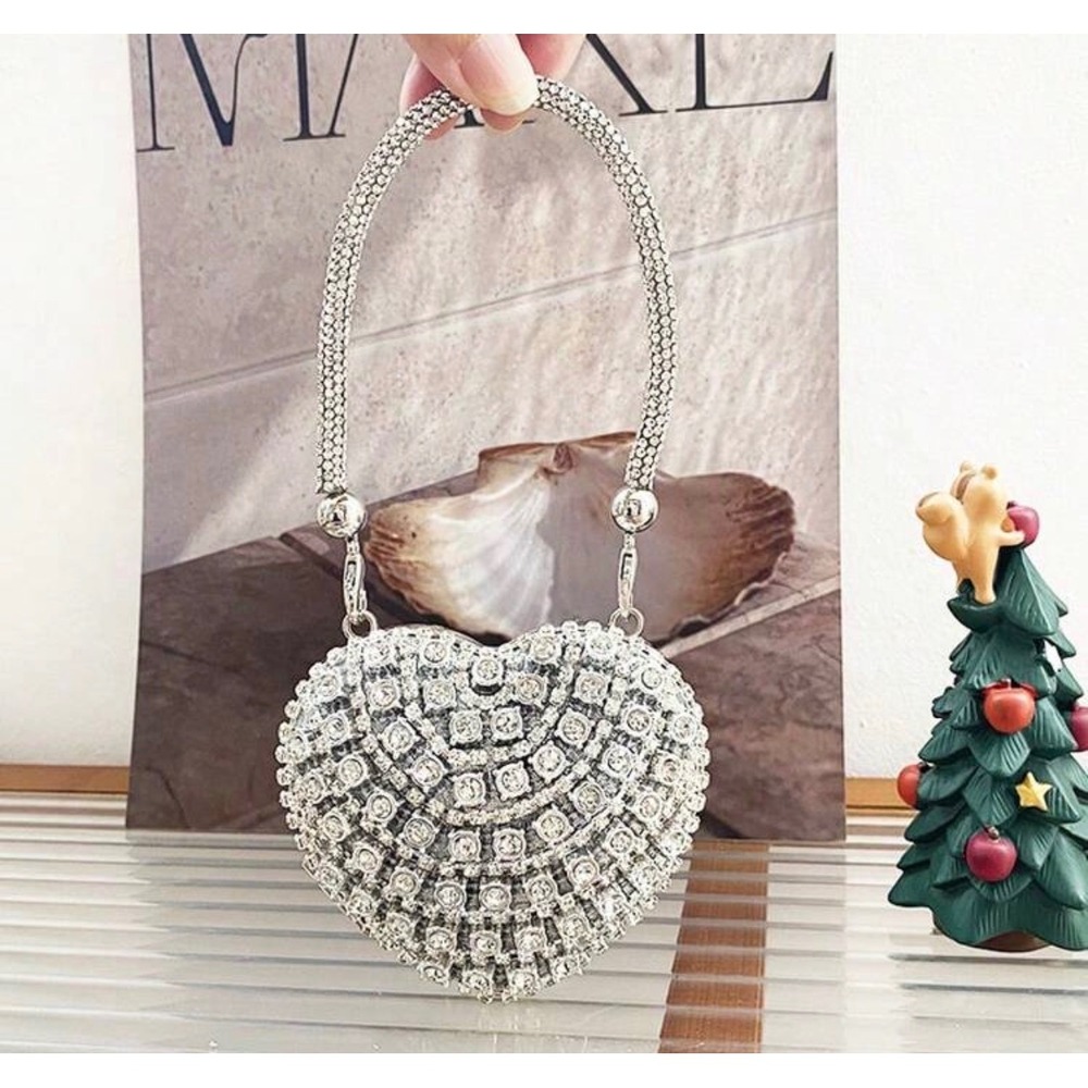 Silver Rhinestone Heart Clutch Bag Mini Evening Minaudiere Crossbody Purse‎